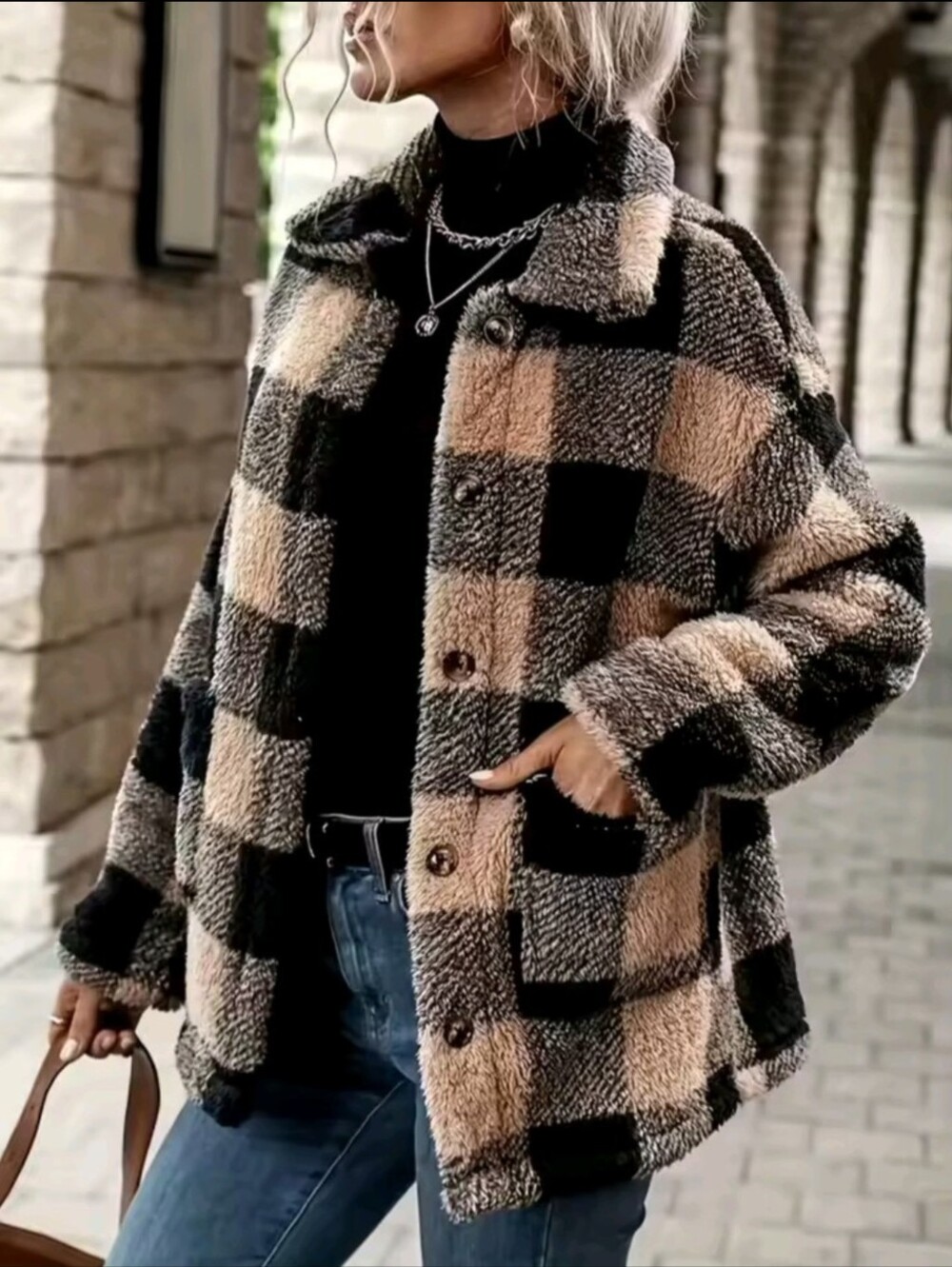 Women's Plaid Fluffy Fleece Lapel Shacket Jacket Fall Clothes
